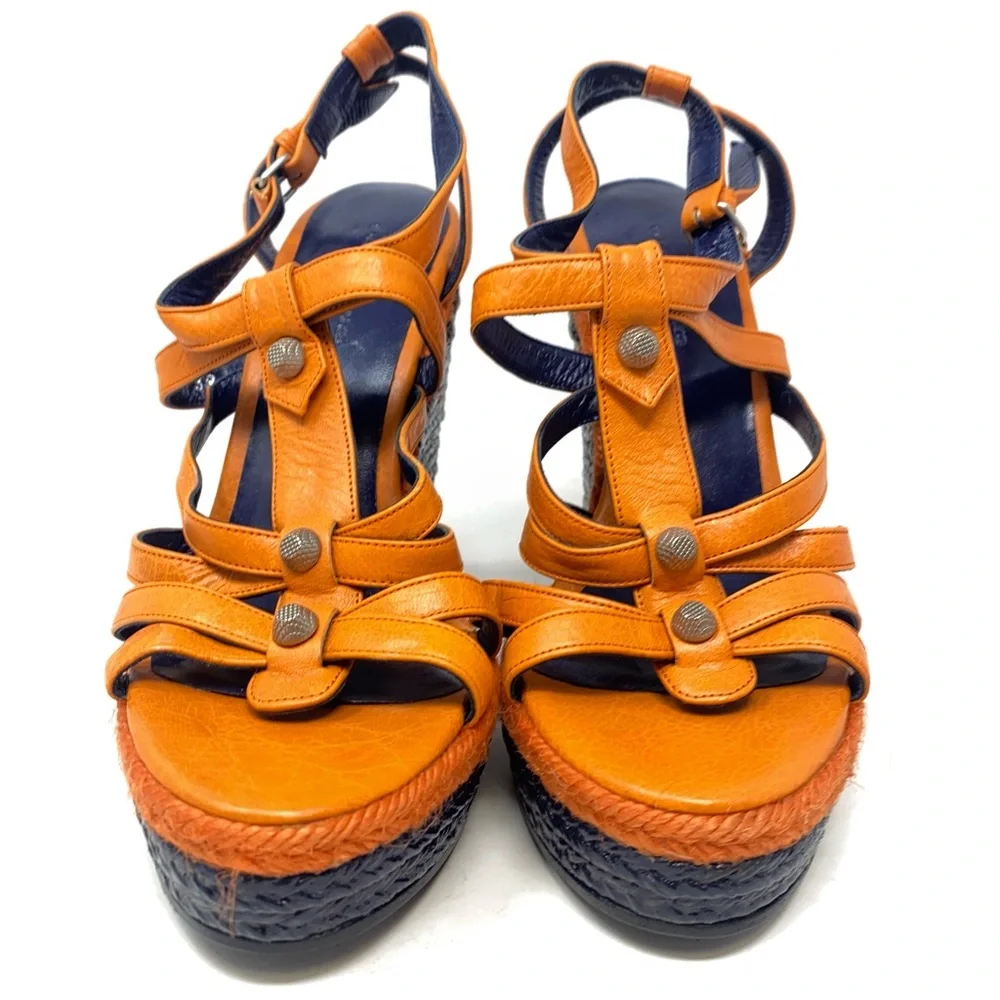 ❤️Balenciaga Paris  Orange Espadrille Wedge Strappy Sandals.  EUC.  Studded - Picture 2 of 11